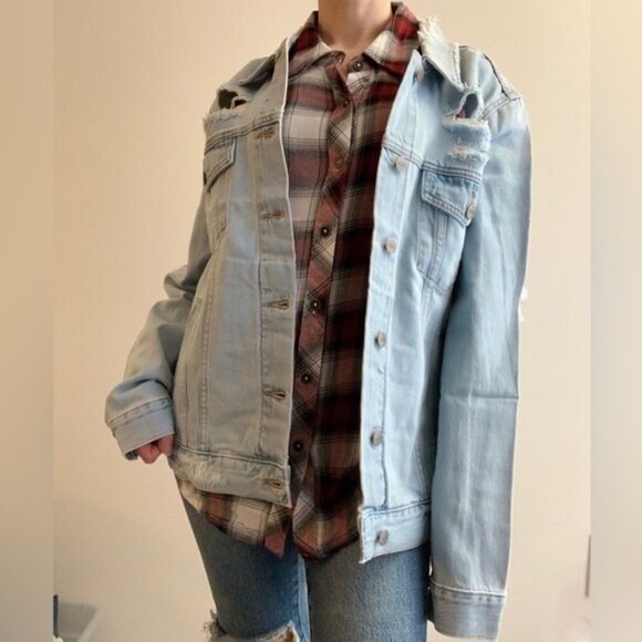 NEON BLONDE Not Mine Jean Jacket Oversized Denim Light Wash Distressed Size S - Picture 6 of 16
